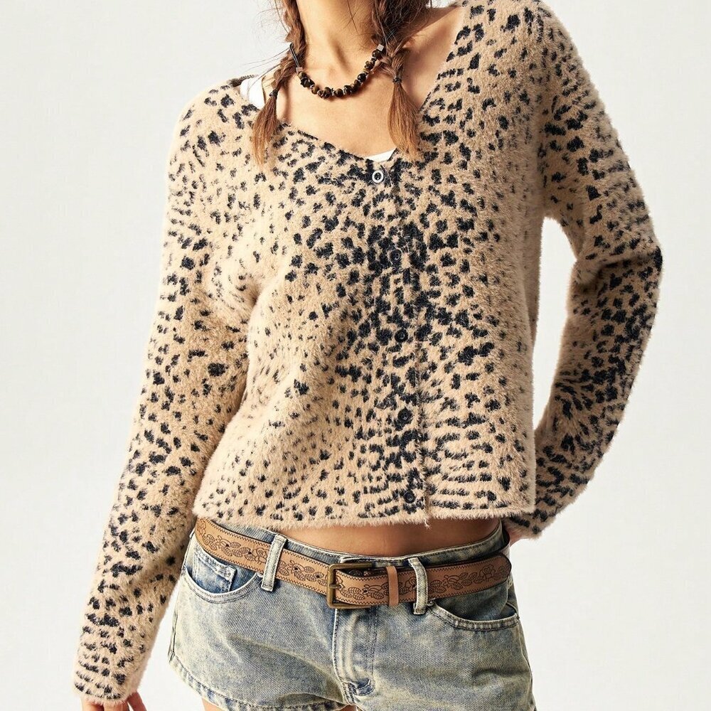 Brown Casual Women's Leopard Print V-Neck Cardigan Sweater - Picture 4 of 8